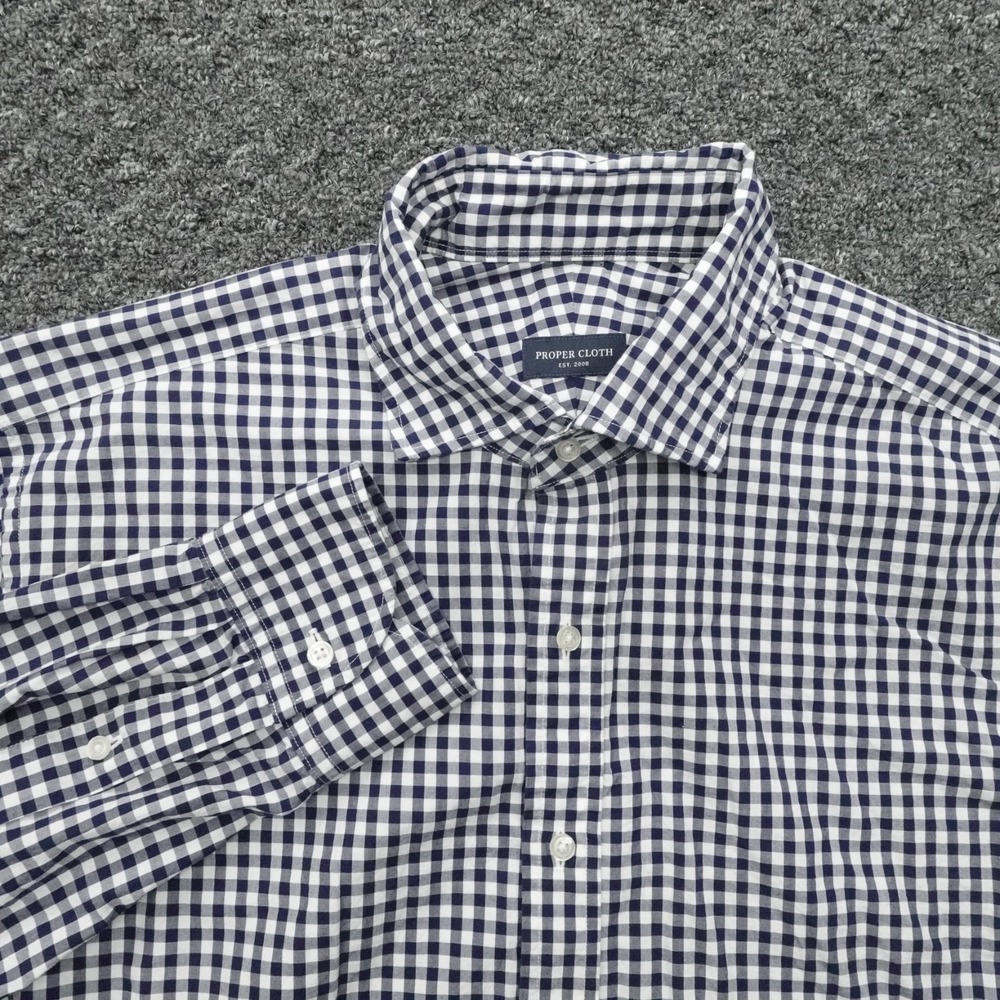 Proper Cloth Shirt Mens 16.5 Blue Gingham Plaid Untucked Broadcloth Button Up